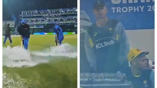 Groundstaff in Australia slips and falls while trying to clear water from covers during AUS vs AFG match, leaving Australian players amused